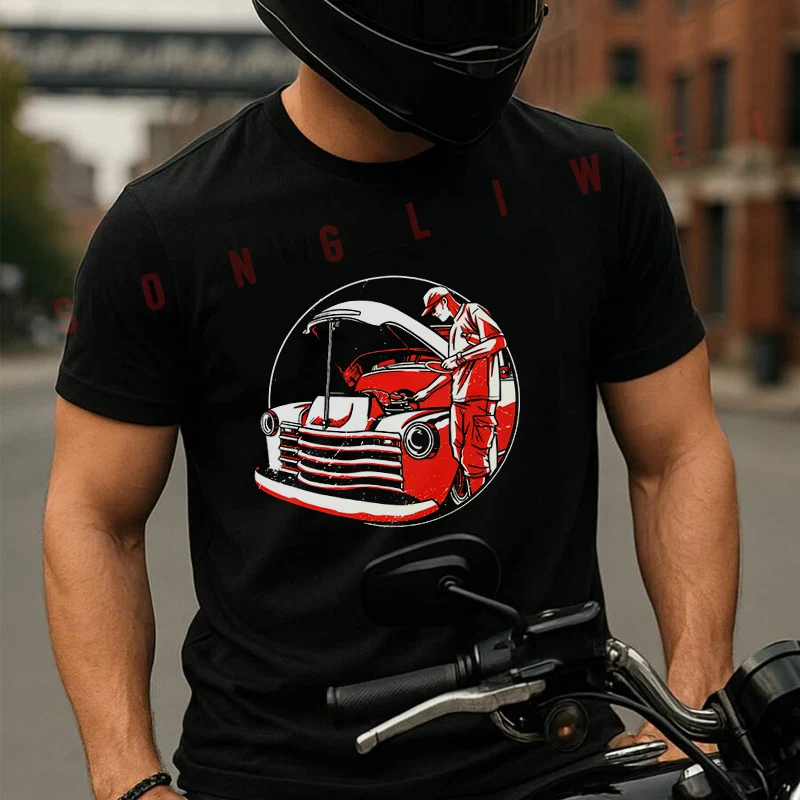 

BBQ In Vintage Car Motor Moto Summer Cotton T-shirt Short Sleeved Casual Fashion Basic TShirt