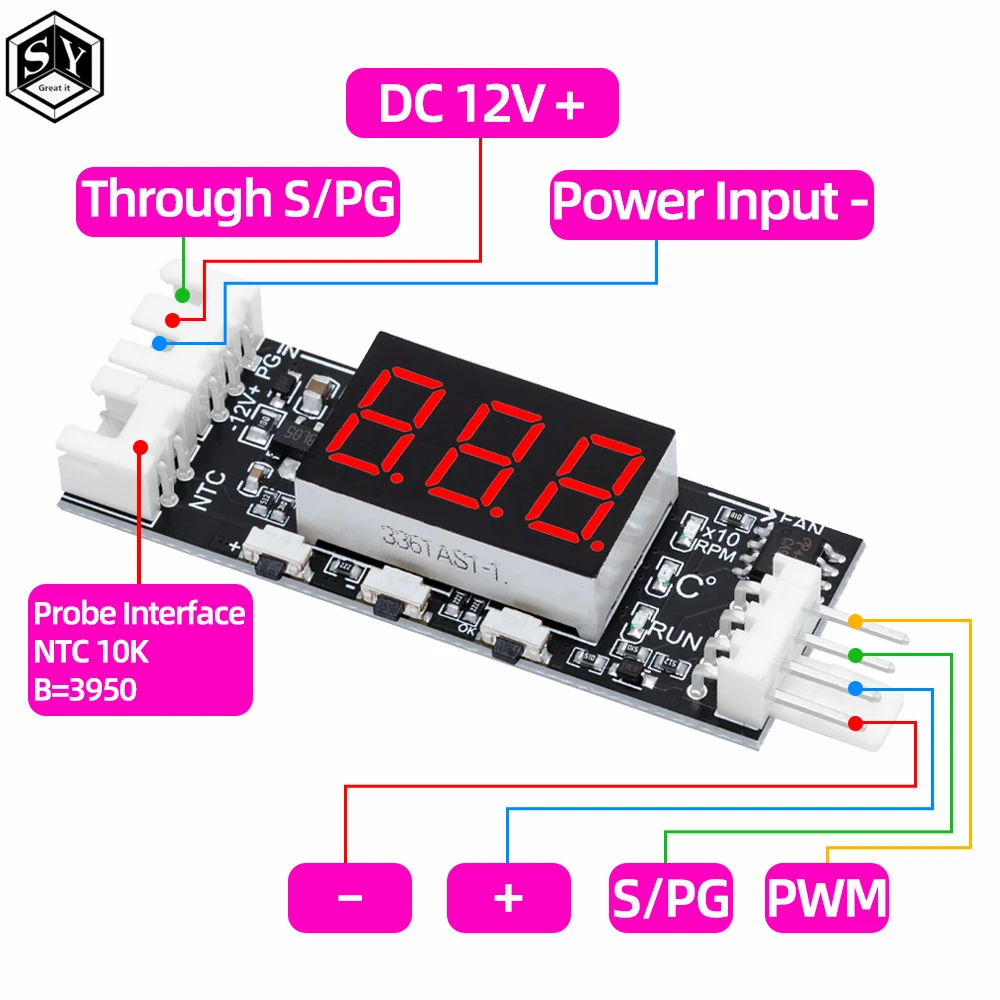 3A DC12V 4-Wire Min Temperature Controller Speed Governor Fan Speed Motor Controller Digital Display Module Power Supply