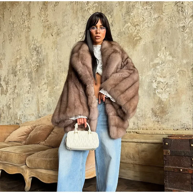 Women Patchwork Faux Fur Coat Elegant Contrast Full Sleeve Lapel Loose Long Staple Plush Jacket Winter High Street Outerwears
