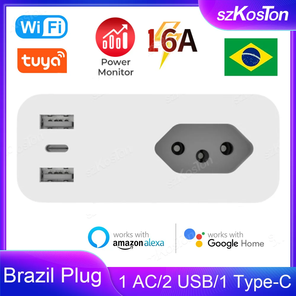 

Tuya WiFi Smart Plug 16A Brazil Smart Socket USB Type C Phone Charger with Power Monitor Home Appliance Outlet For Alexa Google