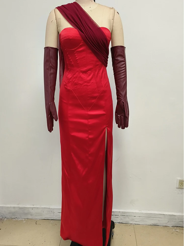 

Elegant Women Red Satin Strapless Maxi Dress Asymmetric Tulle Drape on Shoulder Slim Fit Slit Sexy Luxurious Feel Evening Party