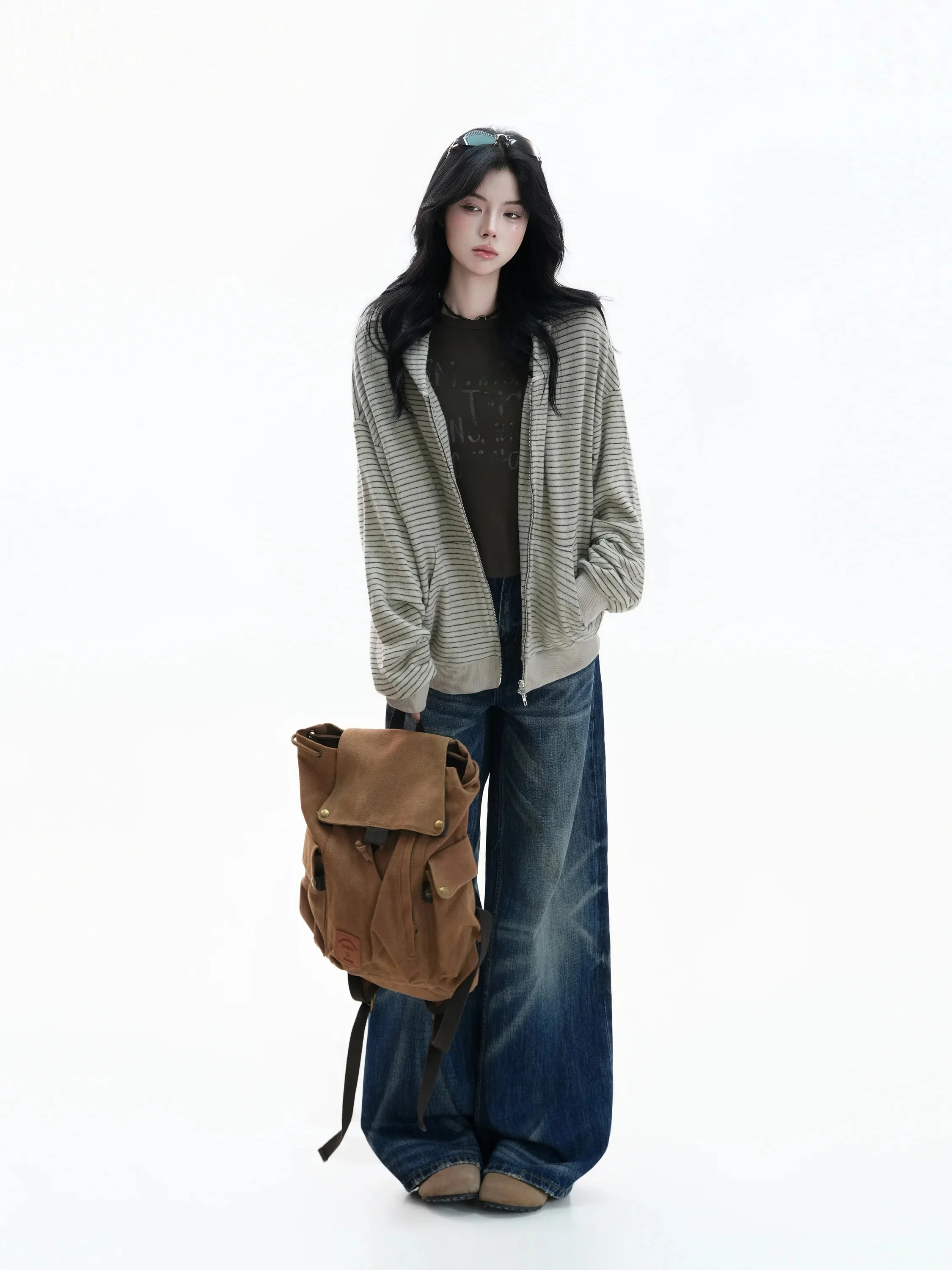Korean Style Lazy Stripe Color Block Hoodie Cardigan Loose Fit Long Sleeve Zipper Casual Fashion Polyester Blend Youth Coat