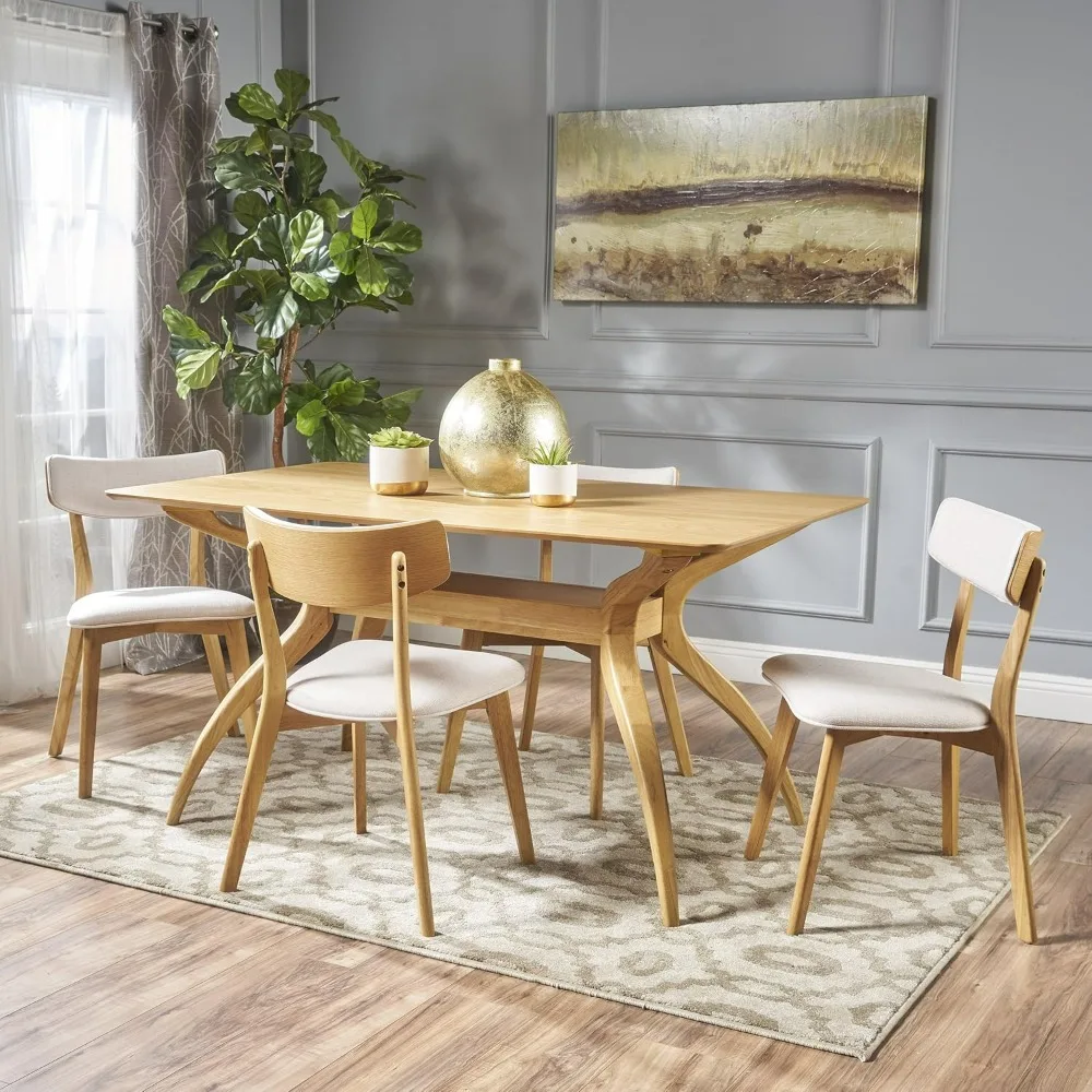 

dinning tables sets, Mid-Century Wood Dining Set with Fabric Chairs, 5-Pcs Set, Natural Oak Finish,dining table set