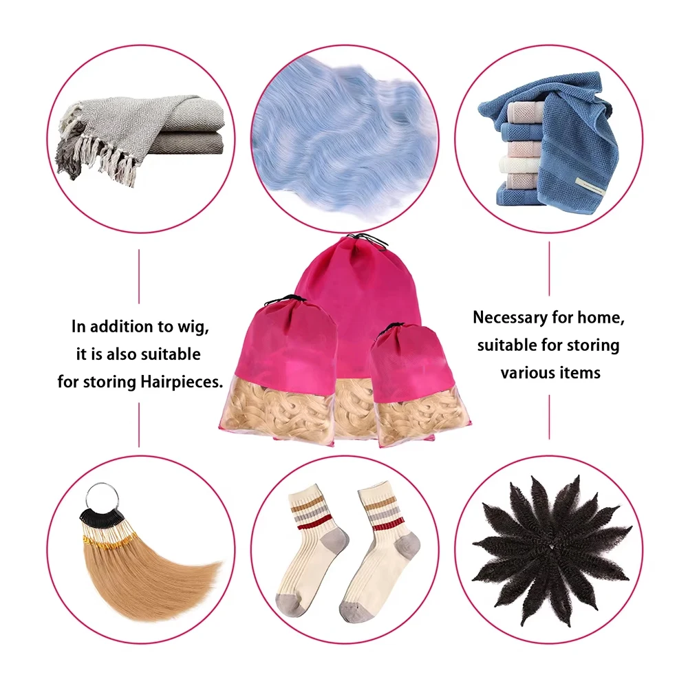 6pcs Non-woven Shoe Bags for Portable Wig Bags with Clear Window, Drawstring Dustproof Travel Wig Storage Bag for Women
