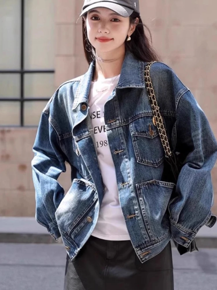 

Vintage Preppy Oversized Denim Jacket for Women Multi-Pockets Spring Autumn New Long Sleeve Slimming Plus Size Coat Trendy Top