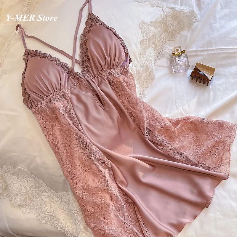 Women Sexy Lace Patchwork Nightwear Pink Satin Robe Set 2Pcs Nightgown Suit Sleepwear Female Spring Summer Loungewear Bathrobe