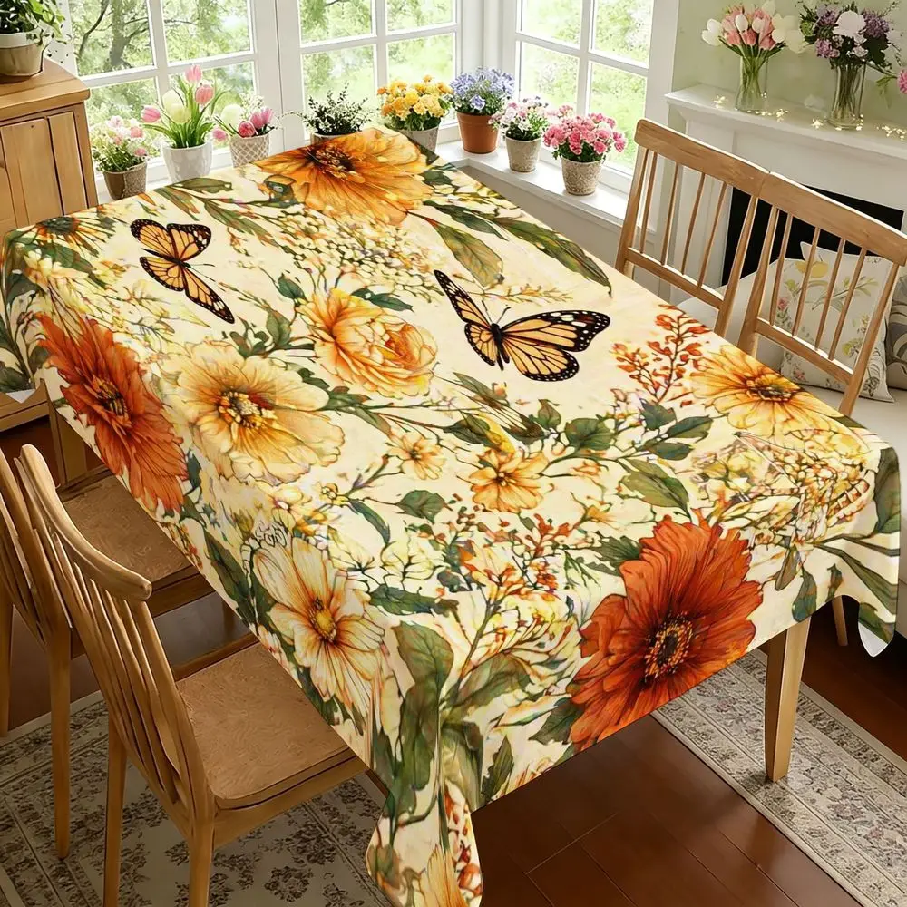 Vintage Monarch Butterfly Floral Tablecloth with Sunflower Vase, Cream Background, Orange Yellow Peach Rose Peony Pattern, Green Leaves White Blossoms, Polyester, Rectangular, Dining Room Decor, Indoor Outdoor Picnic Party