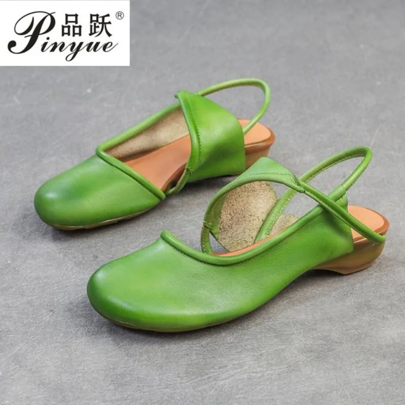 3cm Summer New Genuine Leather Round Toe Comfortable Low Heel Sandals Casual Versatile Women's Shoes 35-40