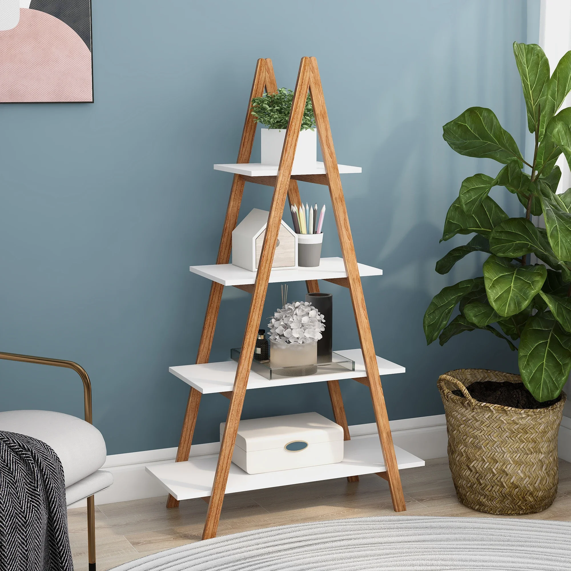 

Solid bamboo wood oxford “A”frame ladder display bookshelf, Sturdy & Durable, Easy to Assemble, for Plant Stand, Display Shelf