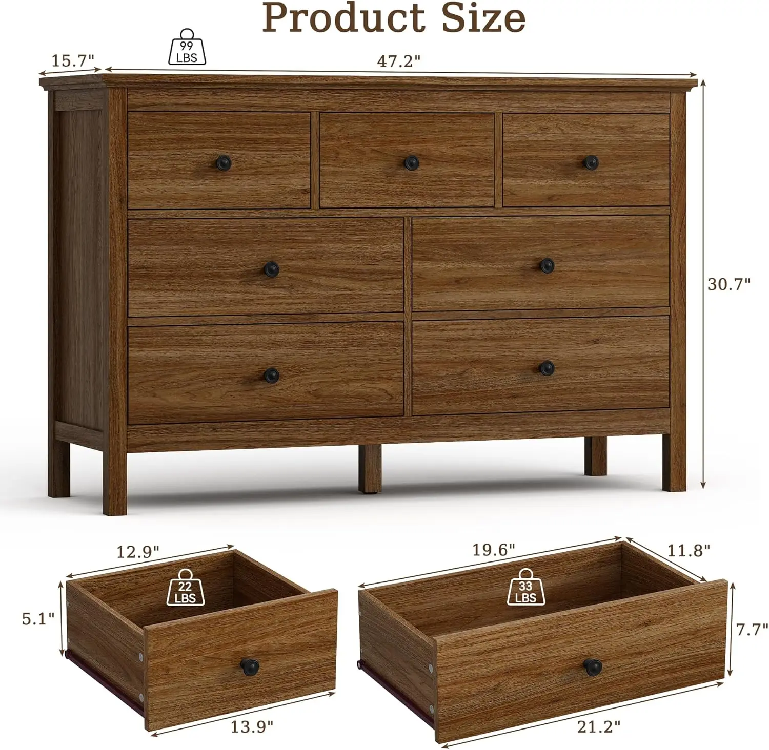 Oak Dresser for Bedroom and Hallway, Natural Color, 7 Wide Drawers with Metal Handles