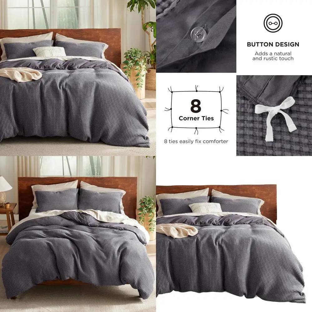 

Cooling Waffle Duvet Cover King - Cotton Blend Rayon Derived from Bamboo Duvet Cover Set for Hot Sleepers, Breathable Bedding Se