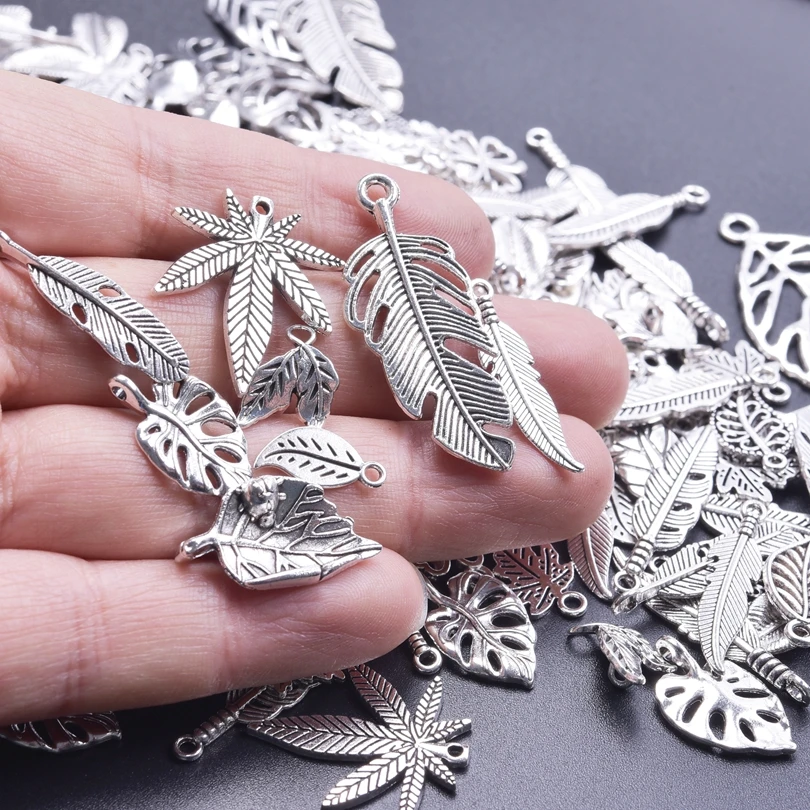 Vintage Mix Colors Retro Plant Leaf Flower Charms Bedels Cute Mini Feather Pendant Colgantes For Diy Jewelry Making Supplies