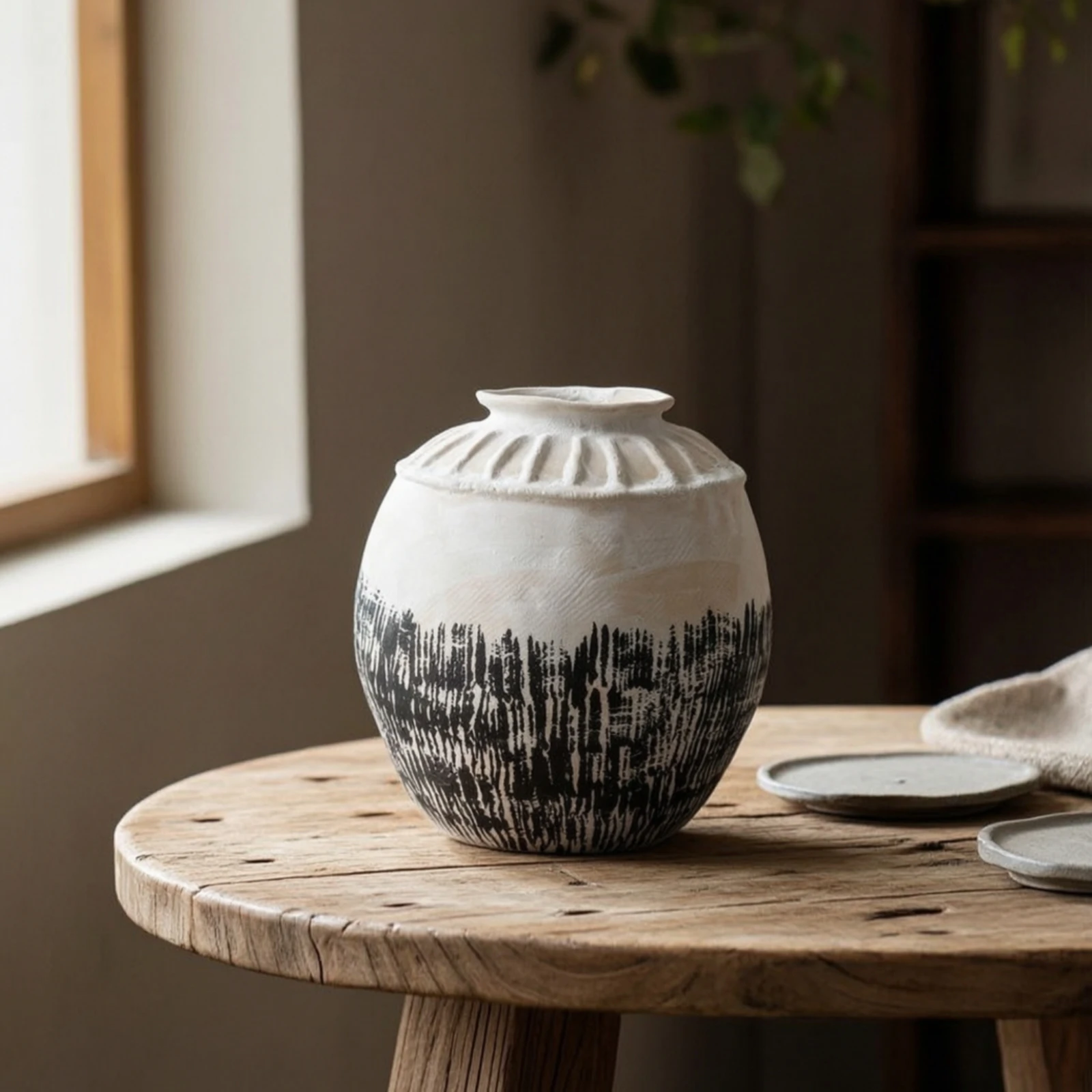 Ceramic Vase with Fluted Shoulder Handmade Ceramic Vase with Narrow Mouth Hand-Painted Two-Tone for Interior Designers