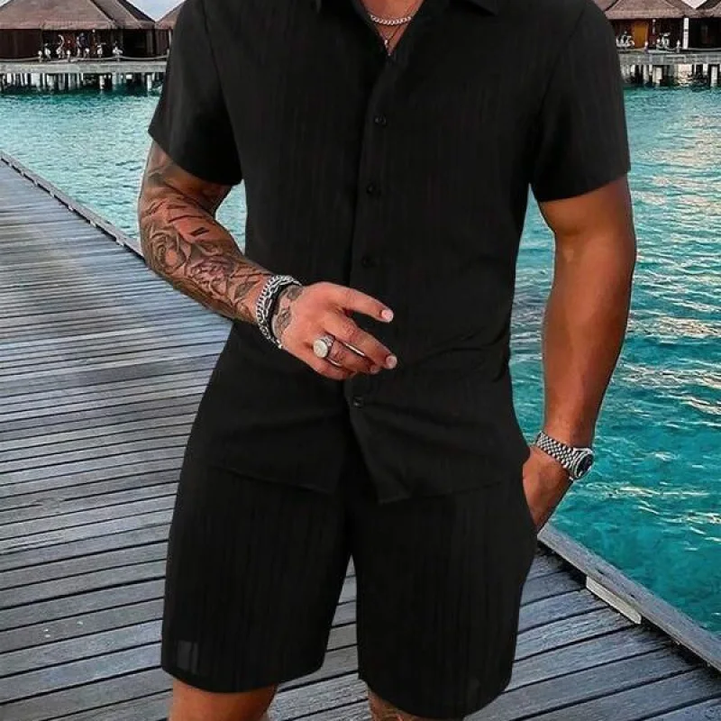 2025 Spring and Summer New Men's Gentleman Shirt Casual Loose Short Sleeve Shorts Beach Set ropa de hombreo de lujo trajes