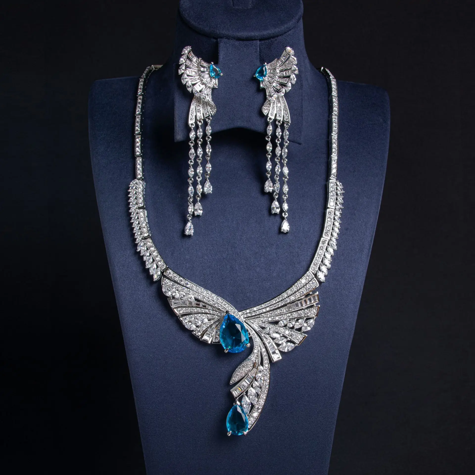 2‑Pcs Jewelry Set Necklace Drop Earrings Wing‑Shaped Pear Cut Blue CZ Crystal Tassel Luxury Statement Banquet Jewelry for Women