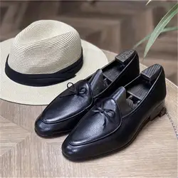 Handmade Black Bow Men Loafers Cowhide Solid Color Round Toe Low-heeled Trend Business Casual Party Men Shoes Banquet Dress Shoe