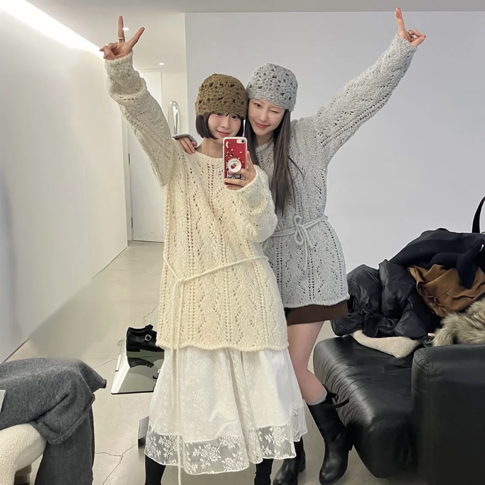 甘い透かし編みのロングニットセーター、ベルト付き、ゆったりとした通勤スタイル、女性用ラウンドネック、ロング丈、カラーニットトップス