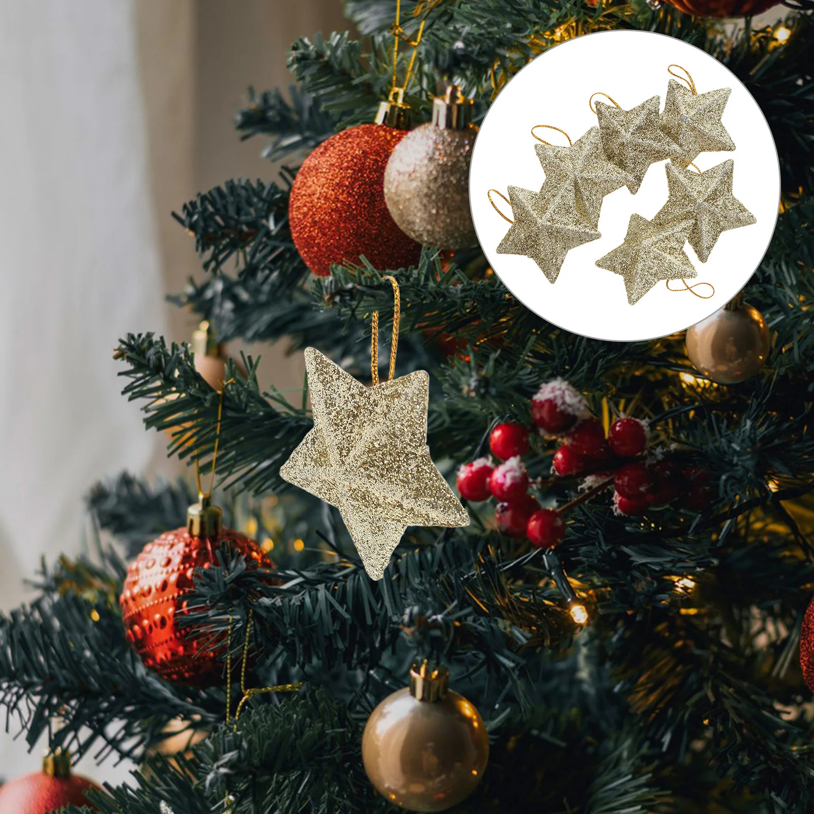 

12Pcs Holiday Star Ornaments Glitter 3D Gold Pentagram Hanging Pendants for Christmas Tree Wedding Festival Decor