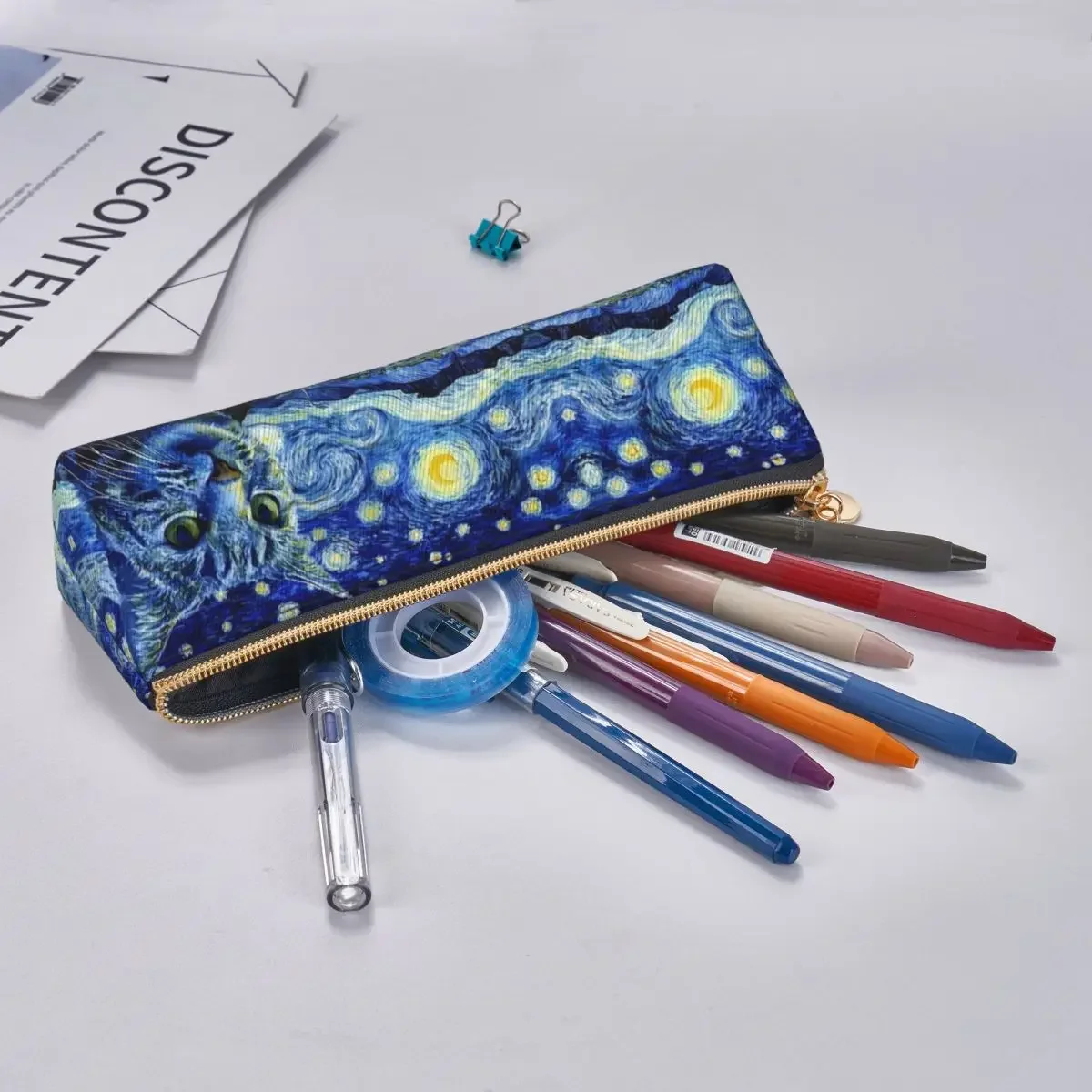 Kotak pensil lucu Van Gogh ry Sky Pen Box kucing hewan casing sekolah anak laki-laki perempuan ritsleting alat tulis grafis