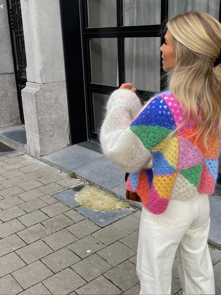 Elegant Casual Lady Top Hollow Out Colorful Kint Cardigan Long Puff Sleeve Patchwork Female Sweaters 2024 Women Sweater Autumn