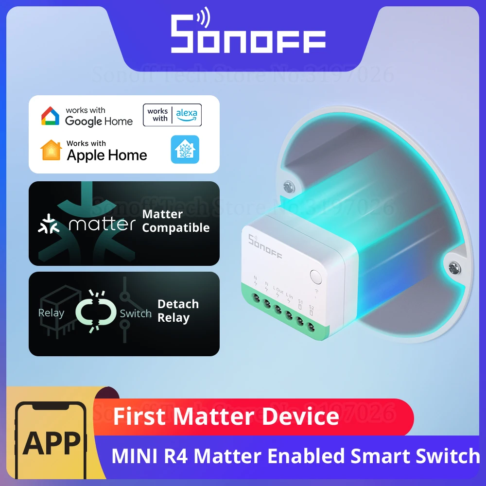 SONOFF MINIR4M MINI Extreme Wi-Fi Smart Switch ESP32 Chip Detach Relay Matter Compatible eWeLink Voice Control via Alexa Google