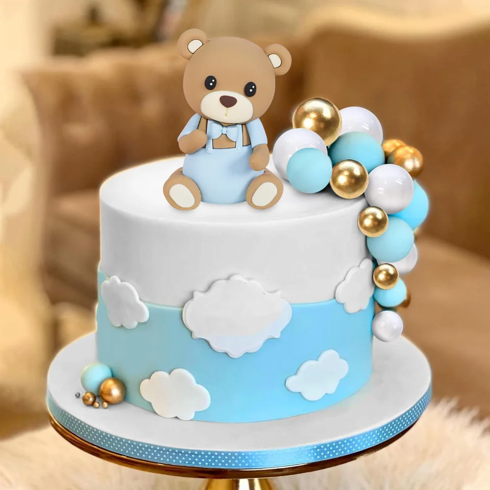 Décoration Gâteau Ourson Teddy Bear Bleu – Baptême Garçon, 1 An, Baby Shower, Anniversaire Party