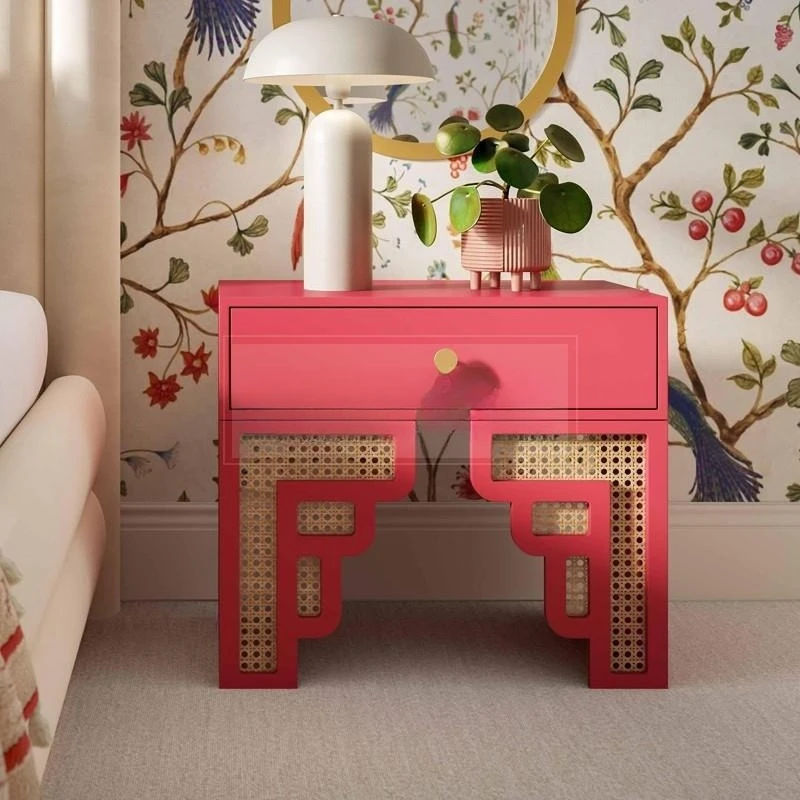 Retro-Nachttisch aus massivem Rattan für Schlafzimmer, Aufbewahrungsschrank