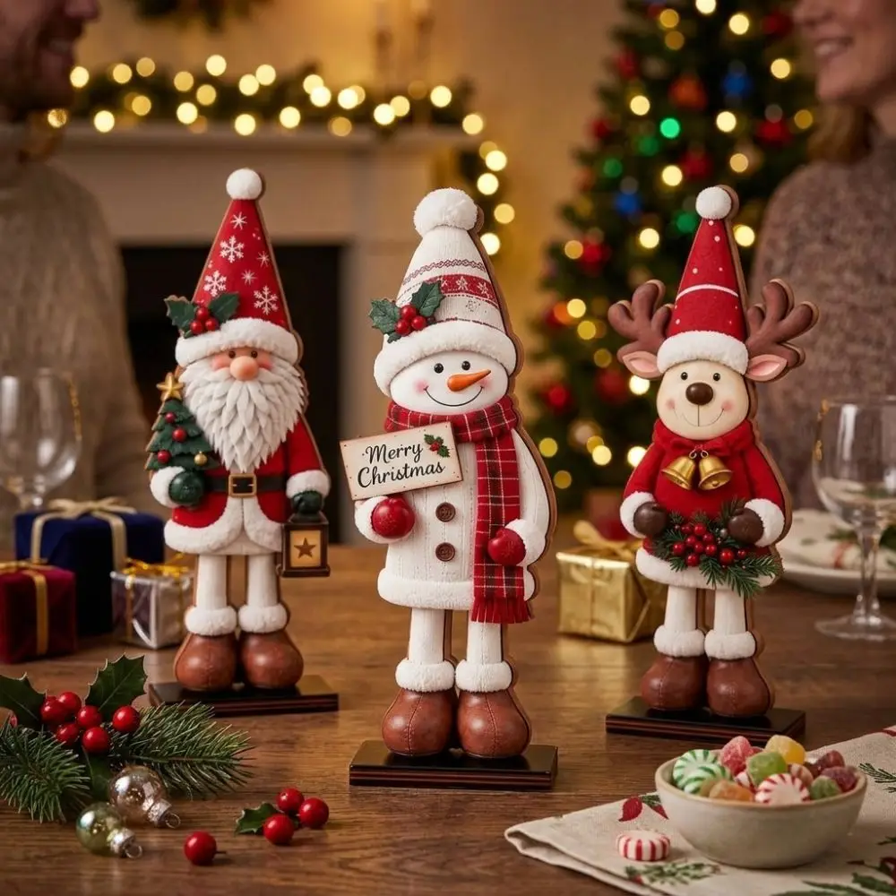 3Pcs Thickened Wooden Christmas Tabletop Ornaments Vintage 2D Flat Santa Snowman Reindeer Figurines Set Stable Base Painted