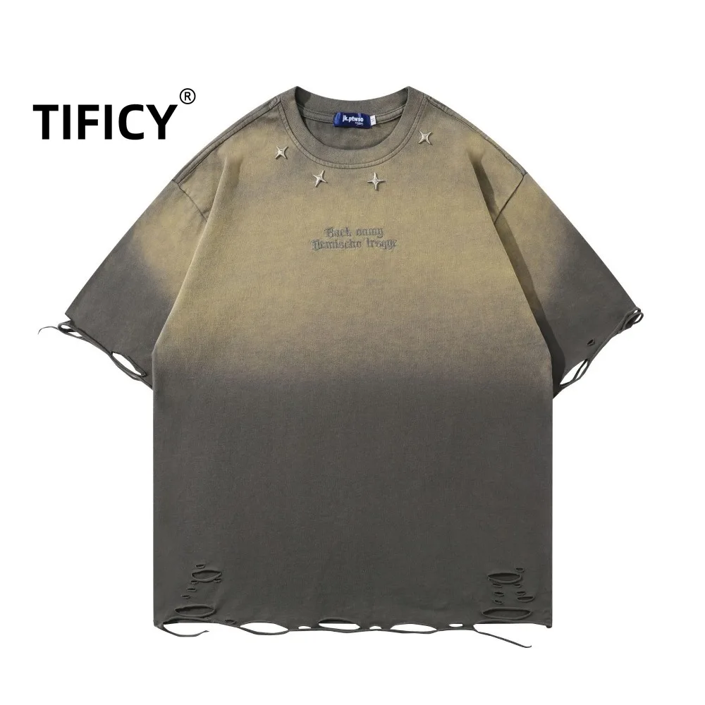 

High Street Tees Tshirts Tops Street Washed Gradient Short Sleeved T-shirt Men's Fashionable Loose Short Shorts Sleeved Top