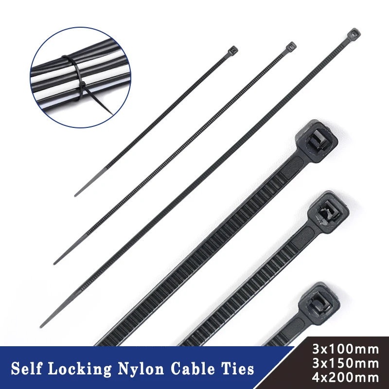 

Nylon Cable Ties Self Locking 100/150/200mm Black Plastic Zip Wire Binding Wrap Straps DIY Cable Fasten Organiser