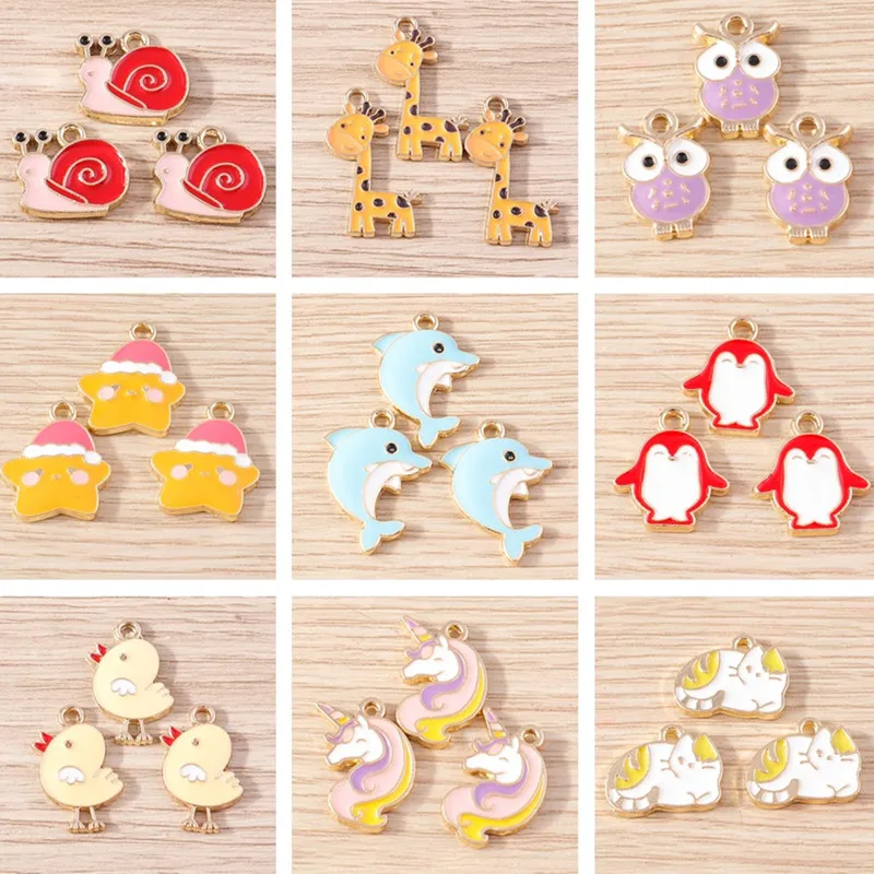 10pcs Cute Animal Charms Alloy Enamel Cat Owl Giraffe Dolphin Charms Pendant for Jewelry Making DIY Earrings Necklace Craft Gift