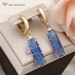 S&Z DESIGN New Fashion Rectangle Ice Crack Crystal Dangle Earrings For Women Wedding 585 Rose Gold Color Eardrop Jewelry Gift