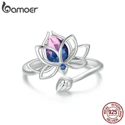 BAMOER 100% 925 Sterling Silver Lotus Flower Ring For Women Drop Purple Pink Crystal Opening Band Wedding Party Fine Jewelry