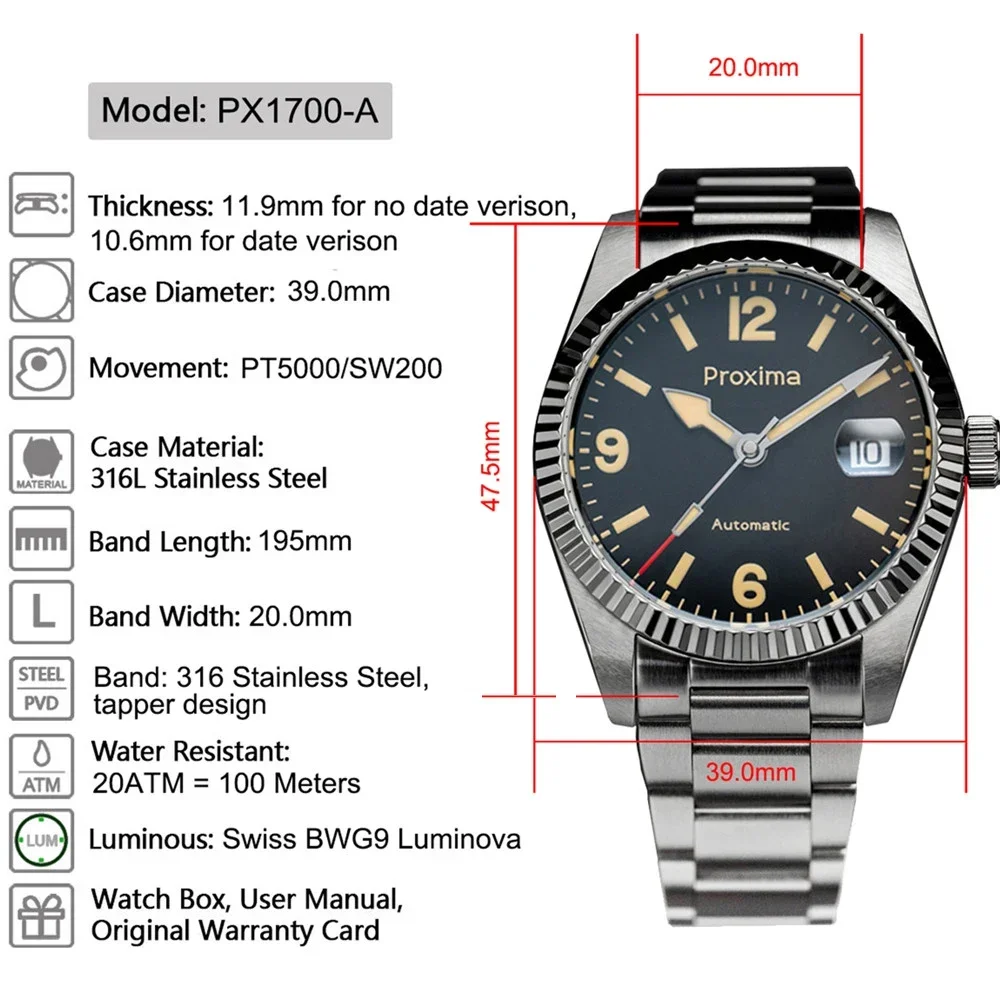 PX1700A 37mm Male Mechanical Watch Luxury Fluted Stainless Steel Bezel AR Sapphire Glass 100M Waterproof Men's Watches