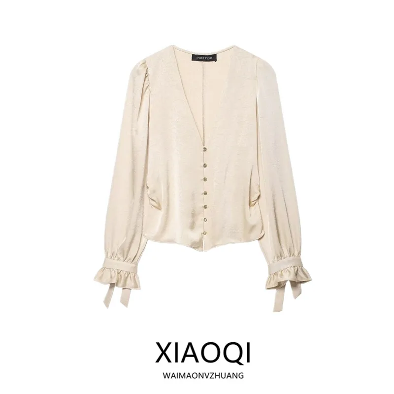 Autumn 2025 Women's Slim Fit Shirt New Arrival Crease Effect Versatile Design Commute Style Long Sleeve V Neck No Special Fun...