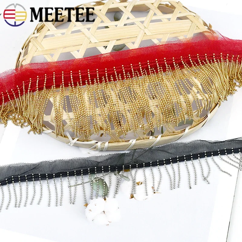 1/2Yards 3/6/9/14cm Metal Beaded Tassel Fringe Trim Lace Ribbon Bead Fringes Mesh Fabric Bag Clothes Decor Laces DIY Accessories