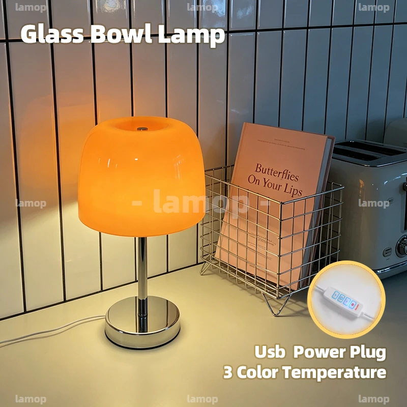 Deep‑Bowl Shaped Glass Table Lamp,3‑Gear Dimmable Diffused Soft Light,American Pastoral Lamp for Living Room Side Table