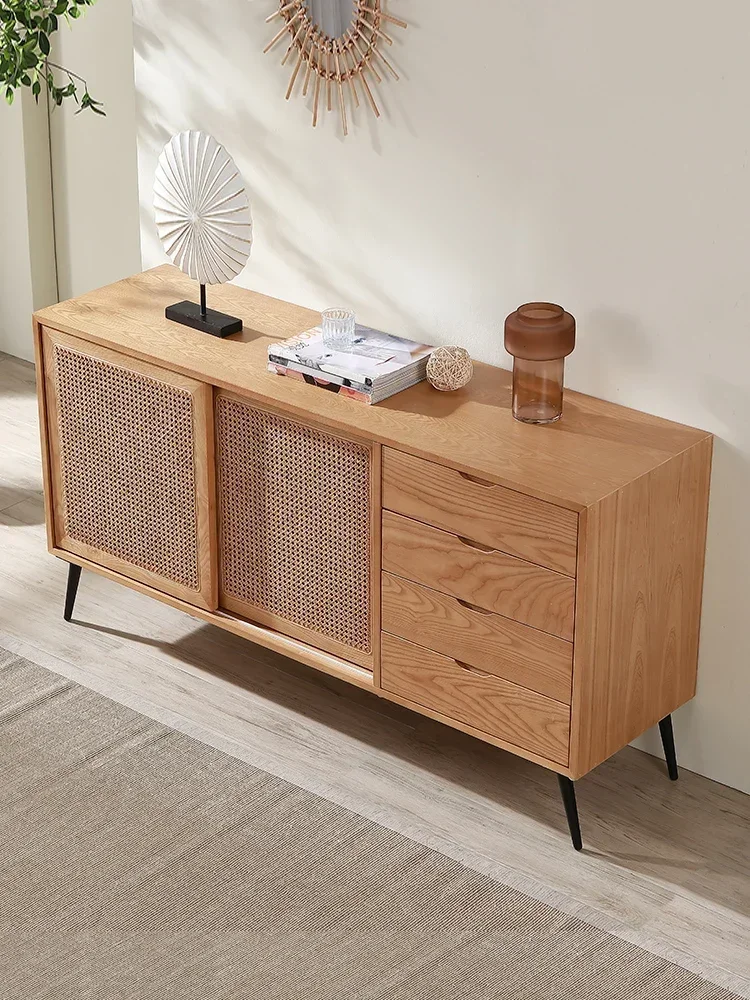 Nordic Solid Wood Sideboard Japanese Simple Modern Rattan Locker Living Room Entrance Cabinet