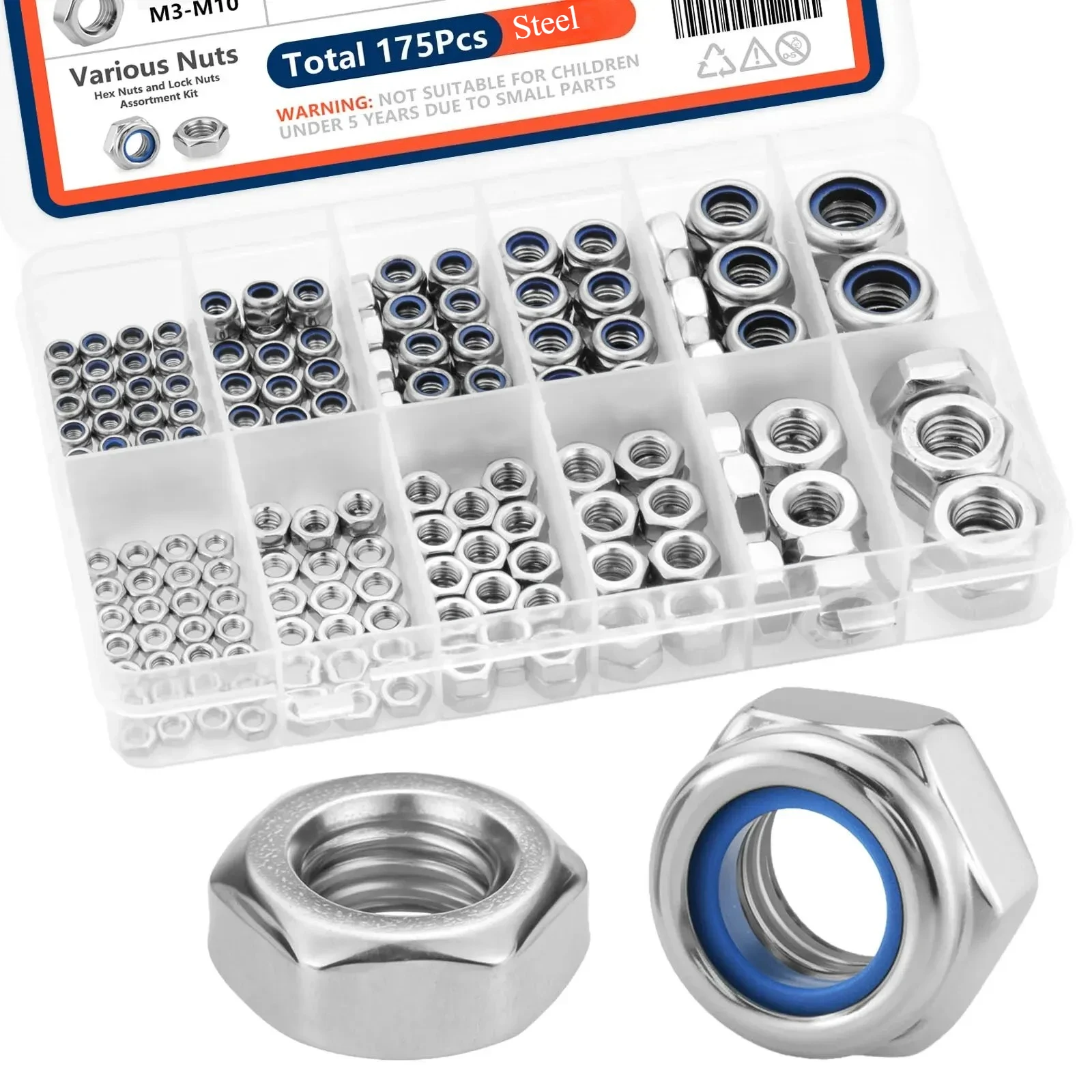 Kit de Tuercas de Seguridad y Tuercas Hexagonales M3 M4 M5 M6 M8 M10, 175 Piezas, Surtido Métrico de Tuercas de Seguridad con Inserto de Nylon y Tuercas Hexagonales