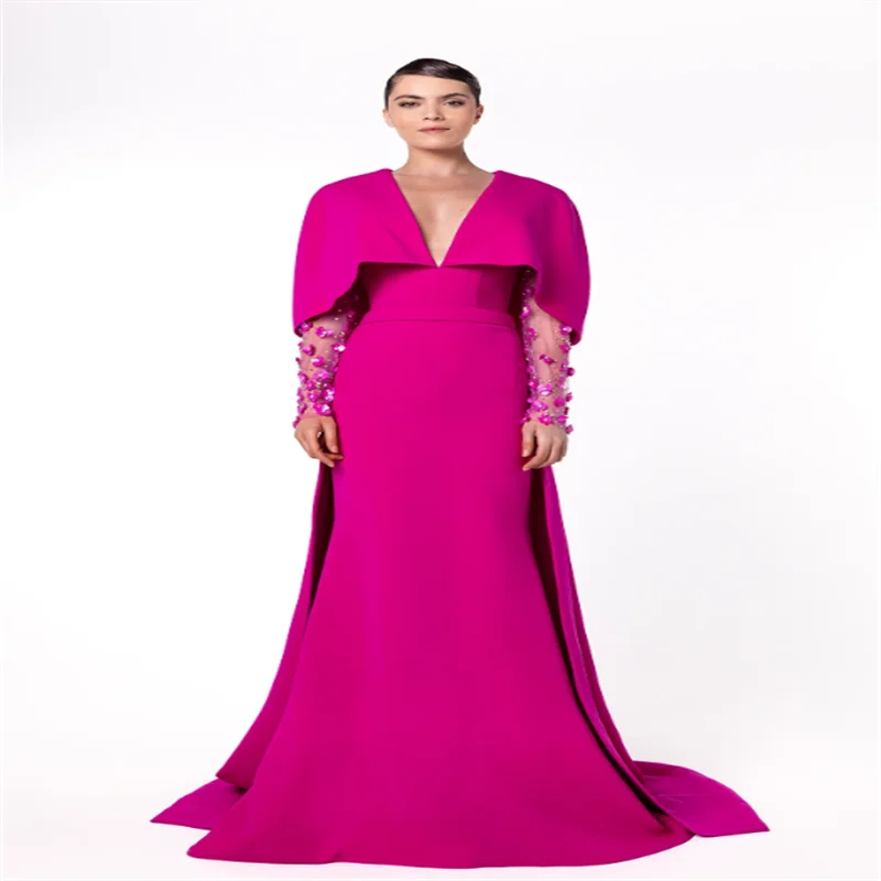 

Women Evening Dresses With Long Train Fuchsia Evening Dresses V Neck Elegant Prom Dress Party Dress Vestidos Customized