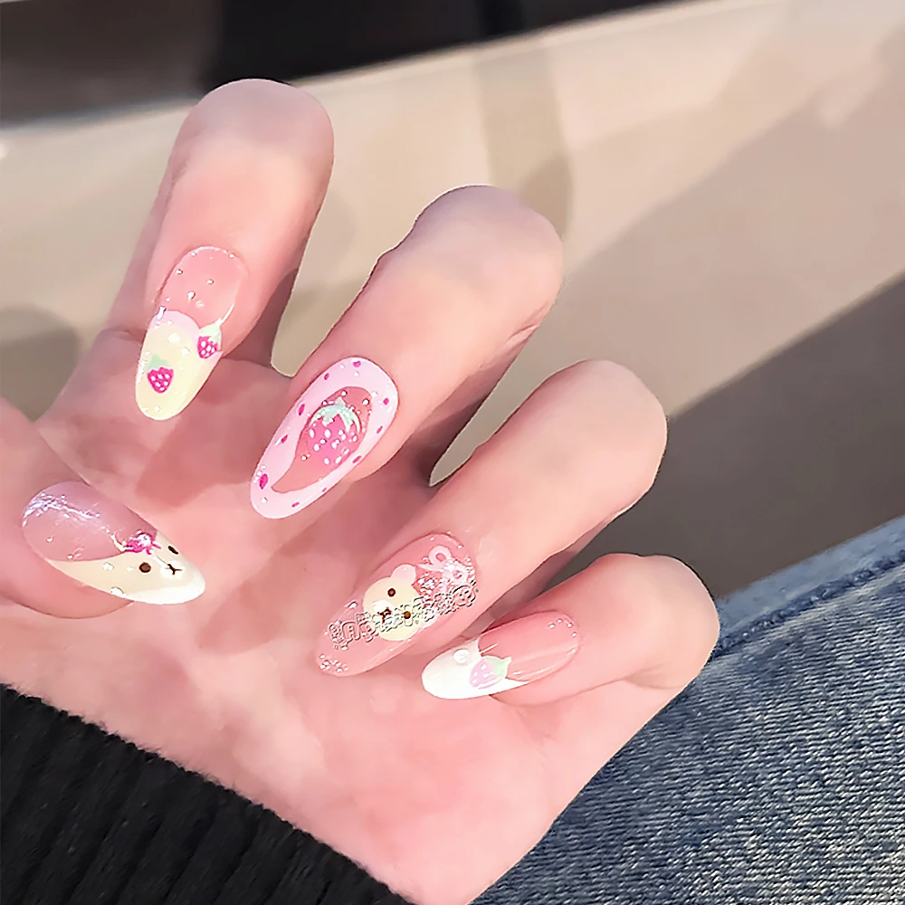 Rilakkuma Nagelsticker Kunstgereedschap Handgeschilderde Franse Cartoon Aardbei Schattige Witte Verwijderbare Pers Op Nagels Sticker