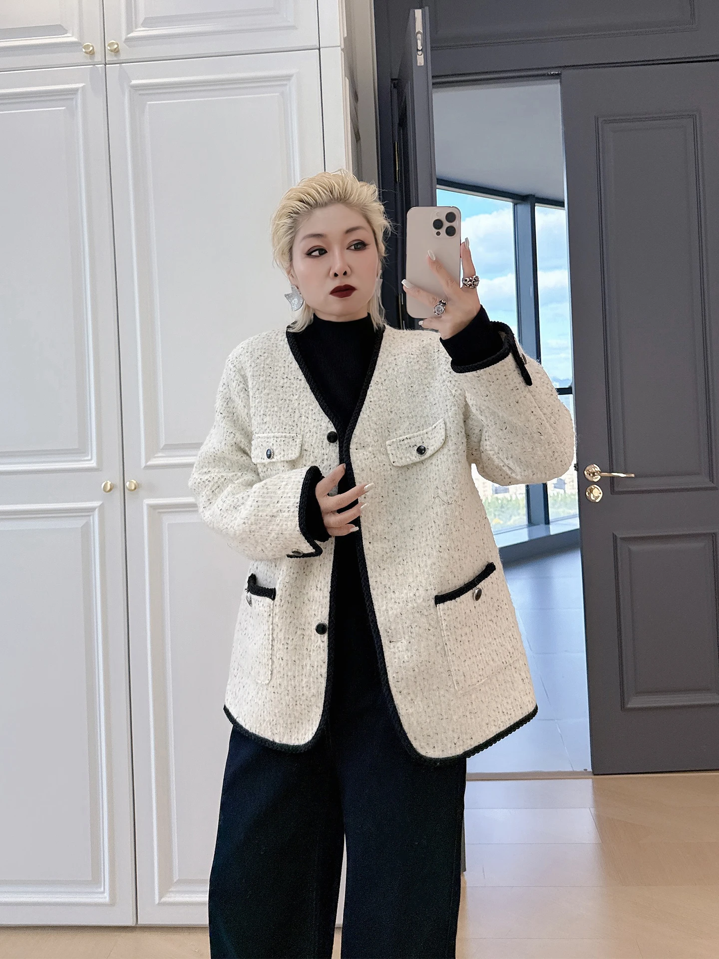 

Женское модное повседневное шерстяное пальто Ele Heavyweight больших размеров с V-образным вырезом и длинными рукавами для полных женщин на осень-зиму