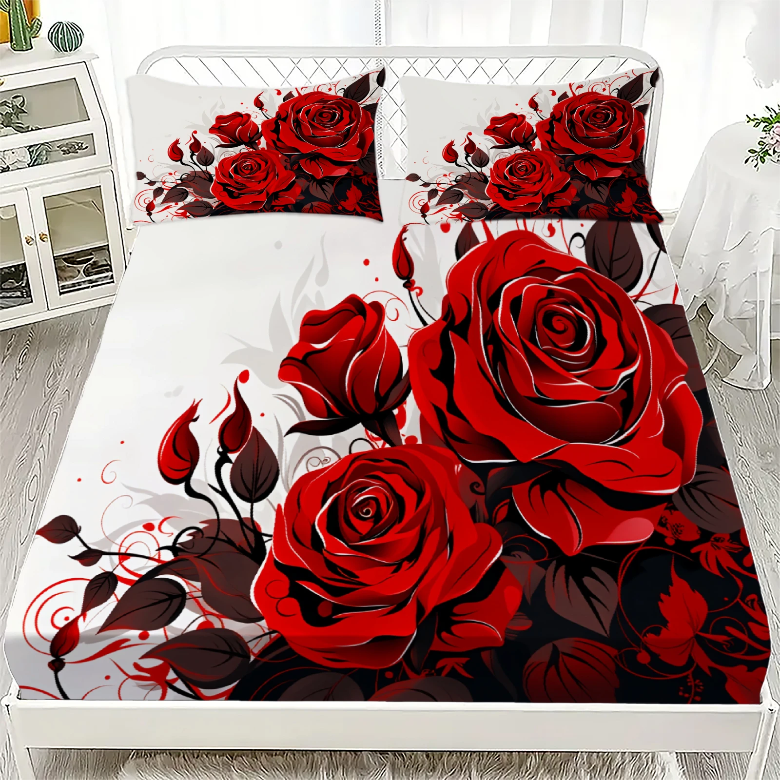 

3pcs Fitted Sheet Sets 3D Vivid Floral Roses Blossoms Gifts For Couples Room Decoration Soft Flat Sheet With 2 Pillowcases