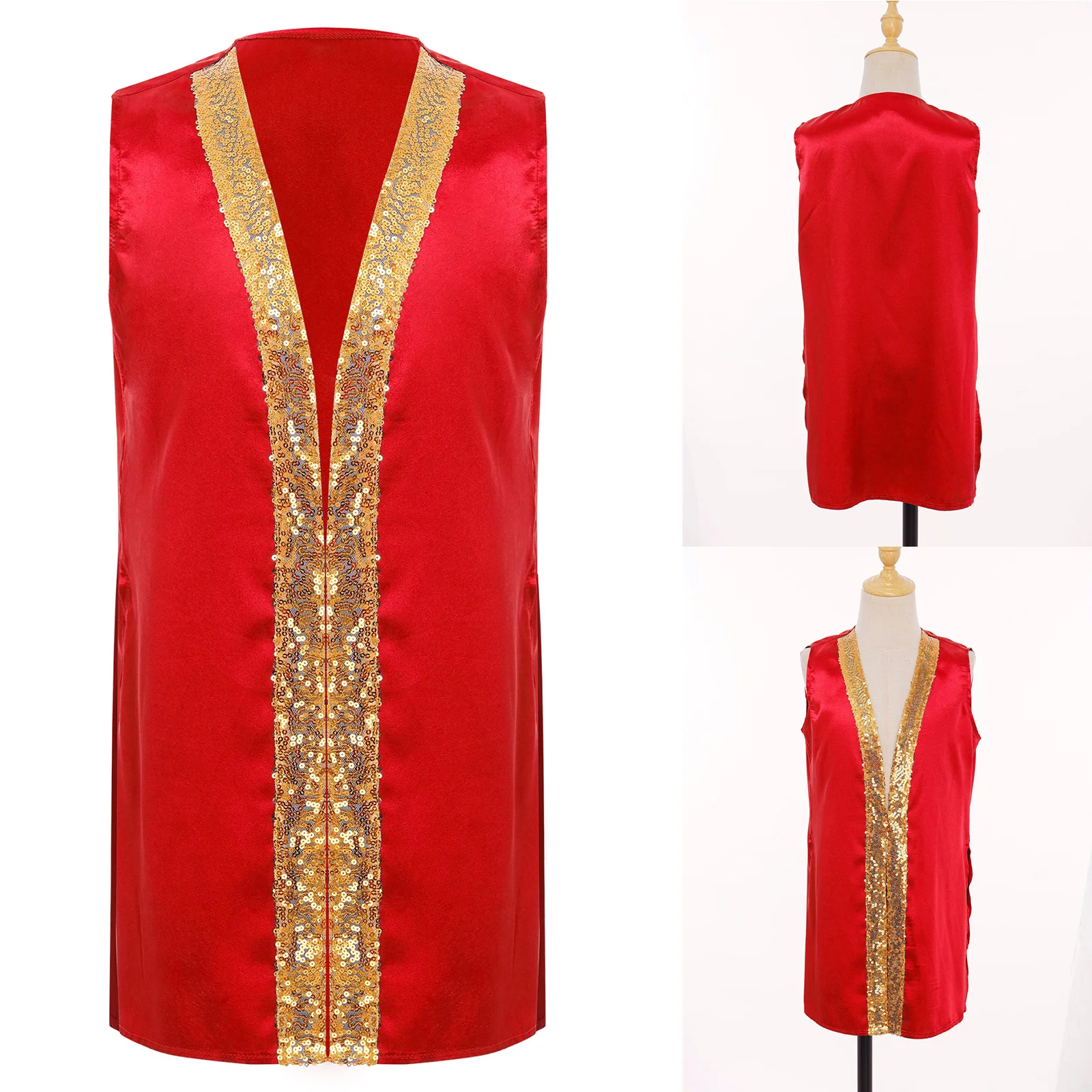 

Kids Boys Praise Dance Robe Top Sleeveless Sides Split Shiny Sequins Satin Worship Top Halloween Theme Party Cosplay Costume