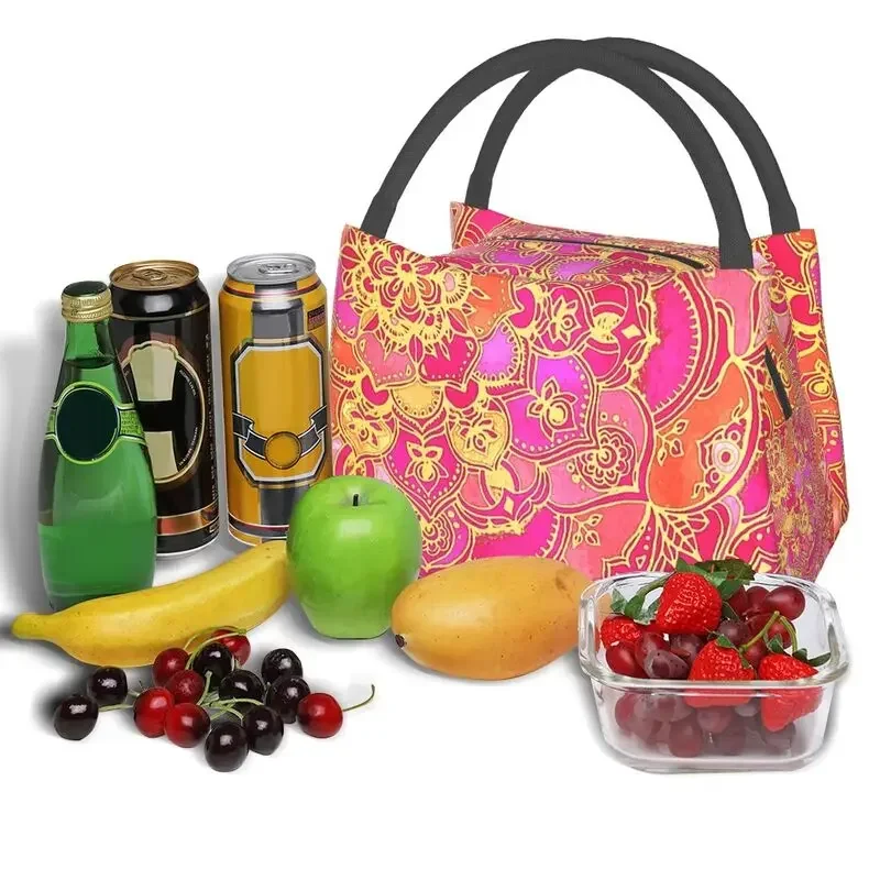 Hot Pink And Gold Baroque Floral Pattern Insulated Lunch Bags for Women Portable Cooler Thermal Food Lunch Box Hospital Office