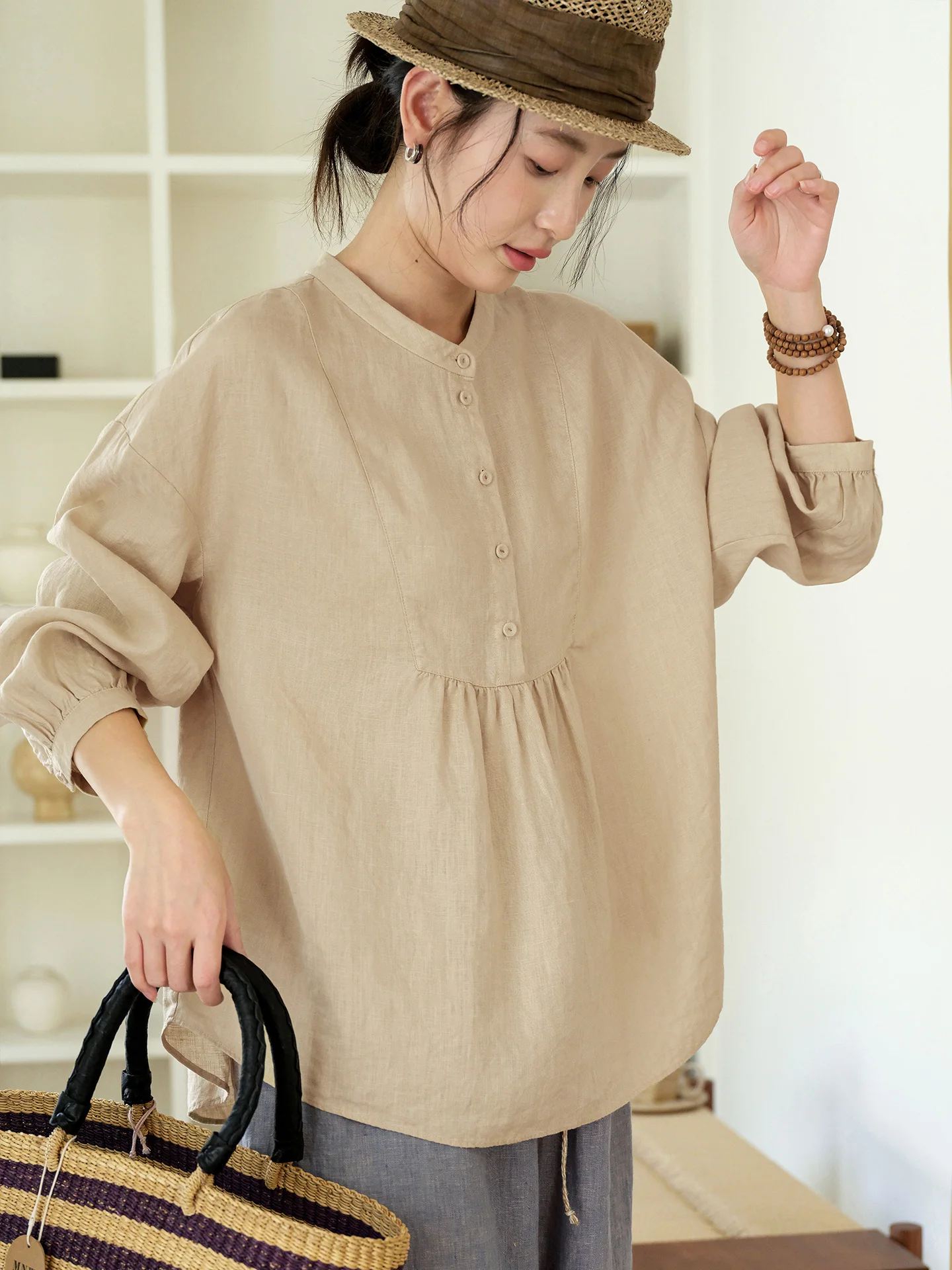 

High Quali Han Hanma Loose Women's irt Doll irt Spring Summer Casual Sle Long Sve round Ne Thin Branch