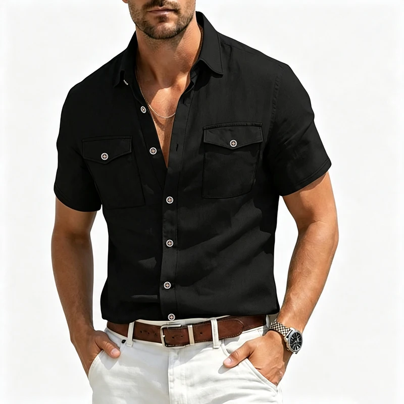 Men's Linen Button Up Short Sleeve Shirt Lapel Collar Lightweight Breathable Double Chest Pocket Summer Beach Daily Casual Tops