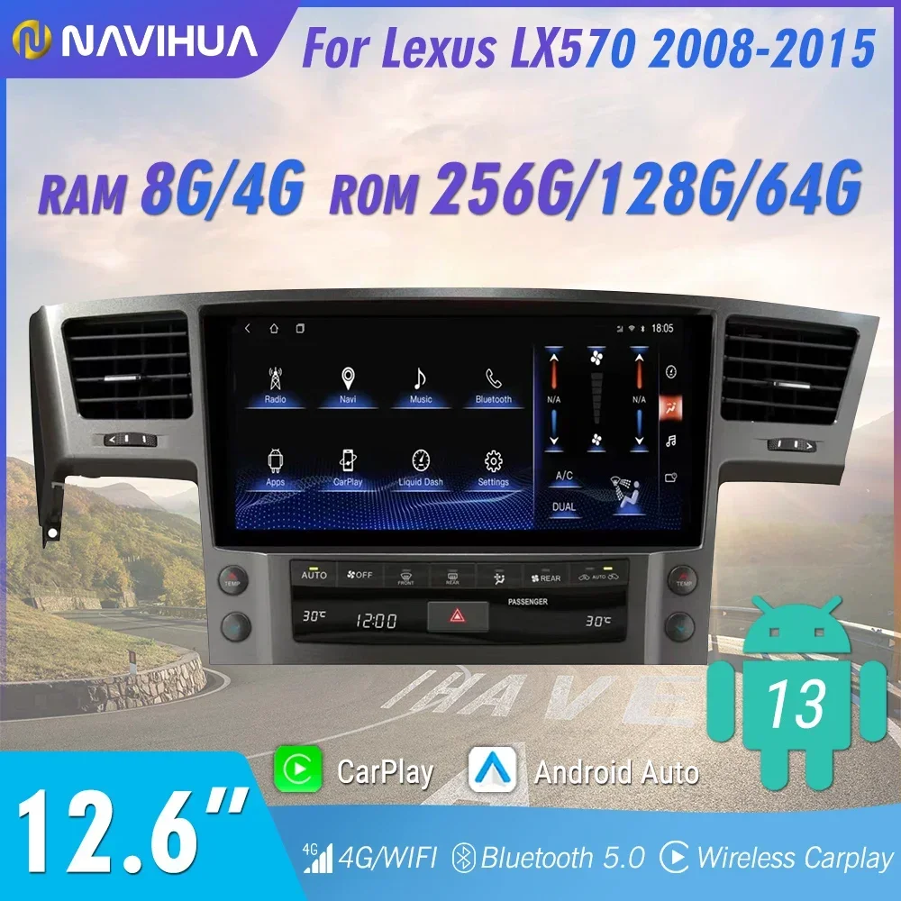 

12,6-дюймовый экран Android 13 для Lexus LX570 2008-2015, мультимедийная система с управлением климат-контролем, GPS-навигацией и автомагнитолой