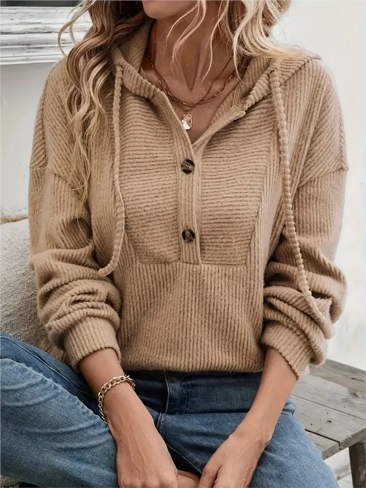 

Autumn Women's Casual Long Sleeve Hoodie Sweatshirt Women's Waffle Solid Drawstring Button V-neck Pullover Sports Sweater 2025
