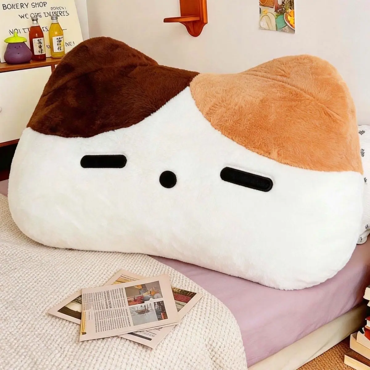 Cute Calico Cat Plush Sofa Throw Pillow Lumbar Support Headboard Backrest for Dorm Bedroom Bed Decor